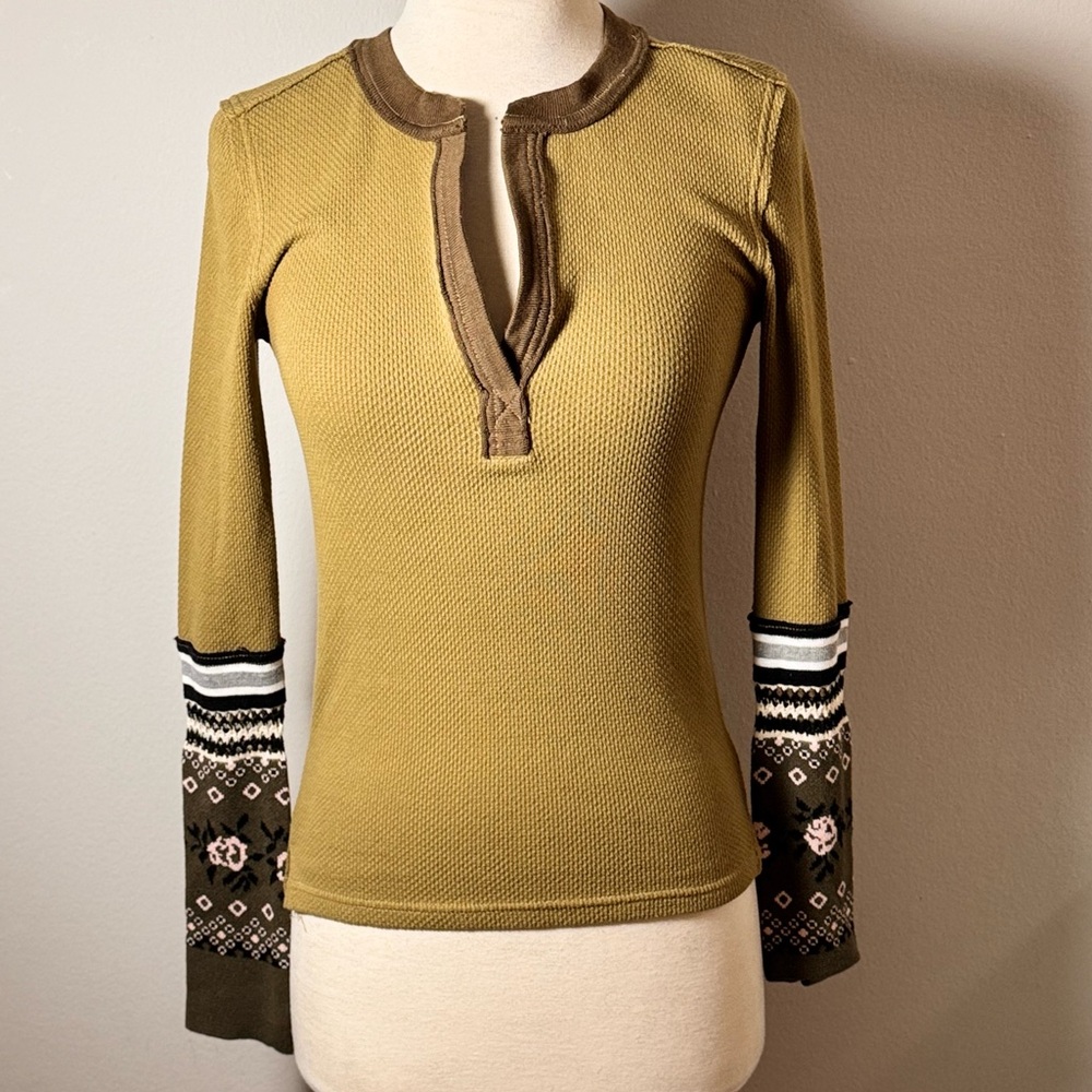 Free People Olive and Brown Patterned Long Sleeve Top - Picture 8 of 12